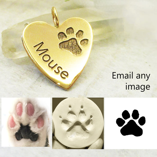 Your Dog's or Cat's Paw Print and Name Heart in Solid 14k Gold