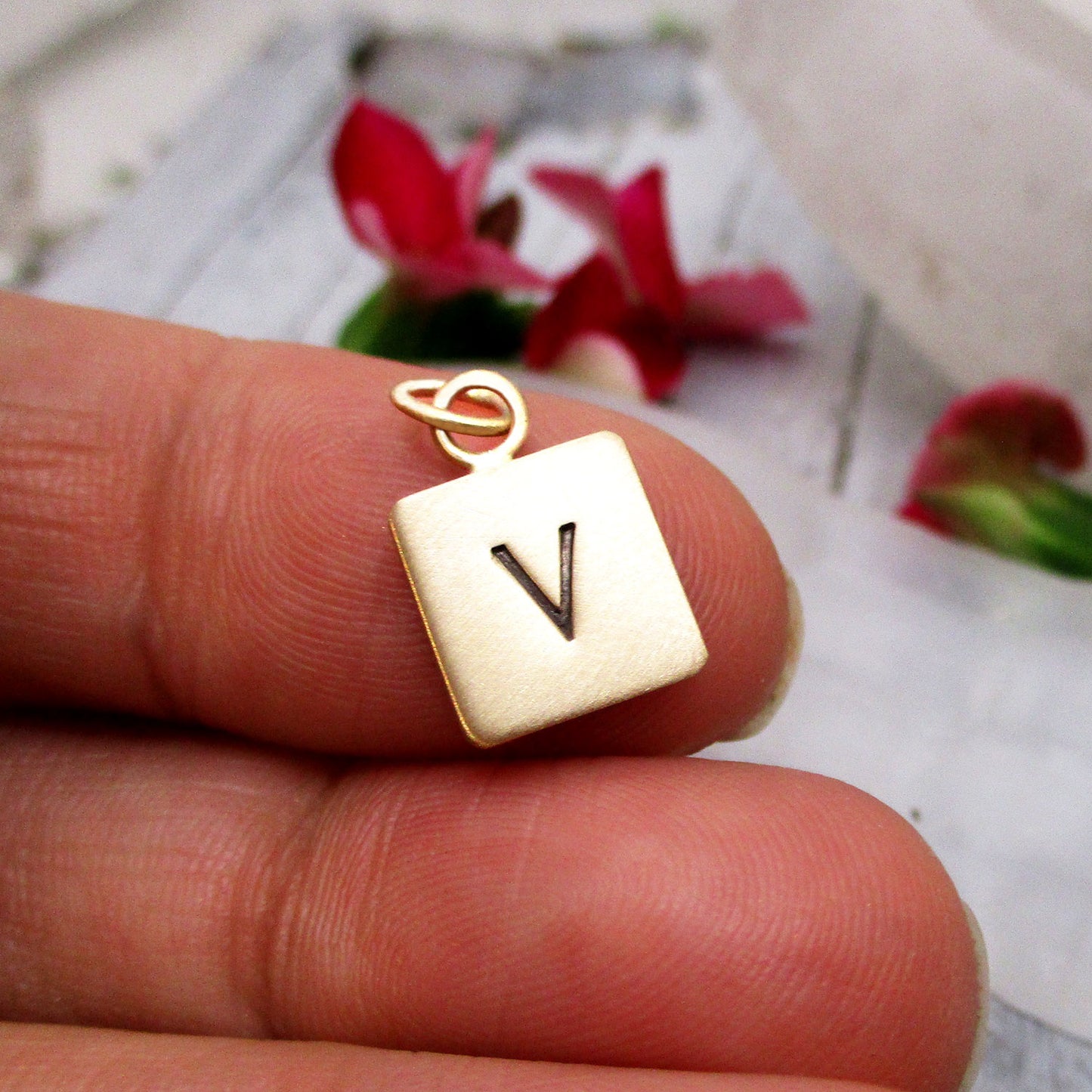 Solid 14 Karat Gold Square Disc Initial Charm Choose A-Z