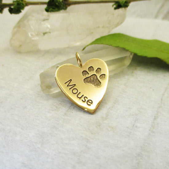 Load image into Gallery viewer, Your Dog&amp;#39;s or Cat&amp;#39;s Paw Print and Name Heart in Solid 14k Gold

