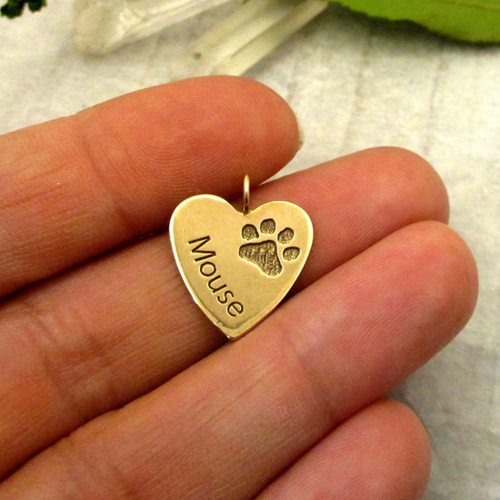 Load image into Gallery viewer, Your Dog&amp;#39;s or Cat&amp;#39;s Paw Print and Name Heart in Solid 14k Gold
