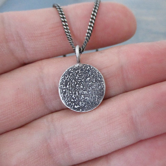 Sterling Silver Fingerprint Circle Pendant from Flat Ink Print, Blackened Oxidized Finish, Men's - Luxe Design Jewellery