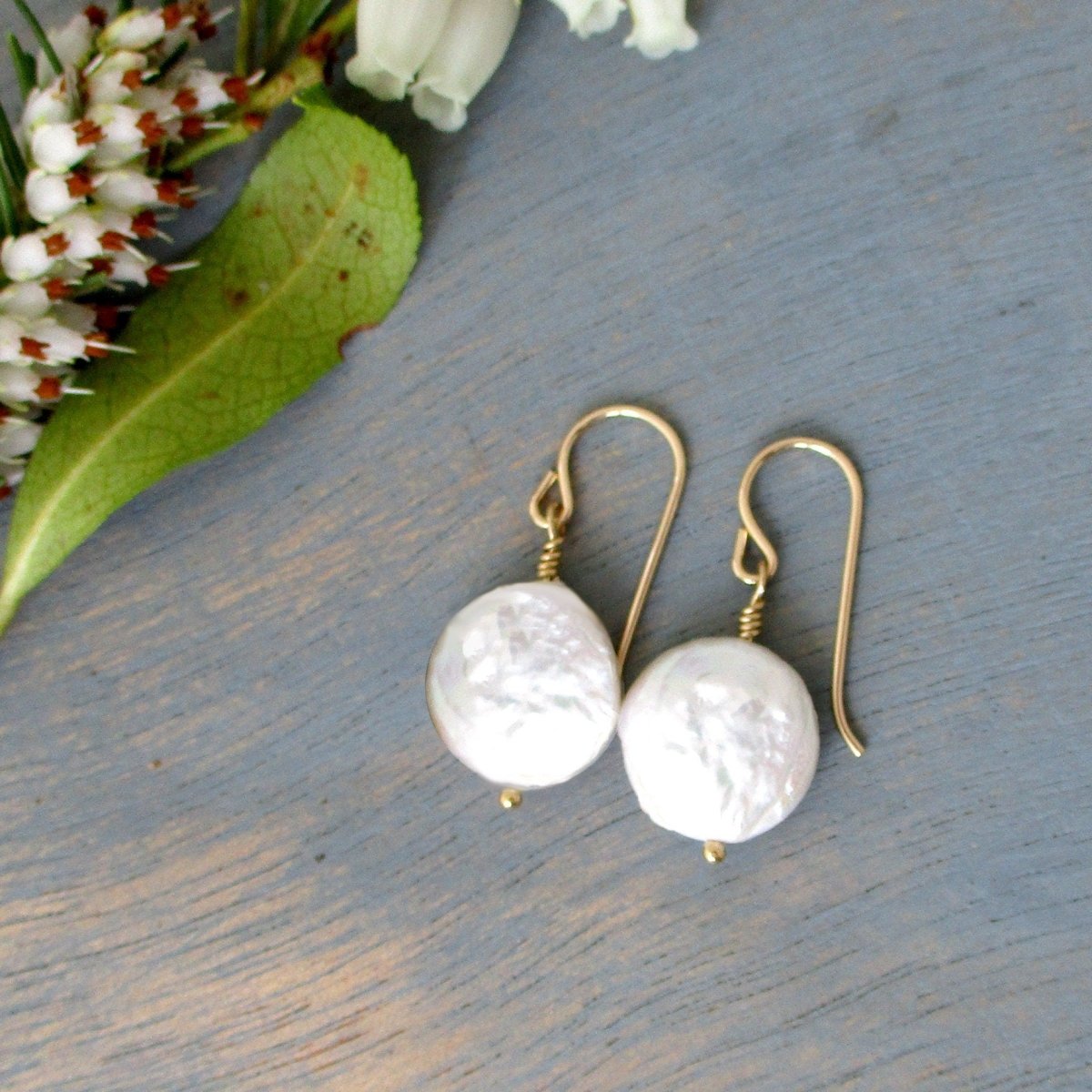 White Baroque Coin Pearl Earrings in Gold Filled or Sterling Silver